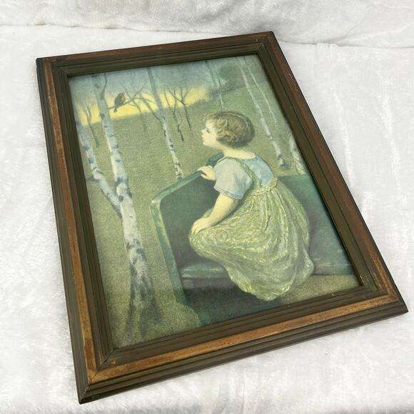 Vintage Framed “Spring Song” Print by Simon Glöcklich Girl Watching Bird 11x14 - Picture 5 of 6